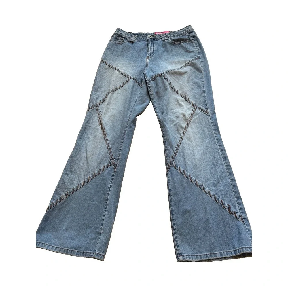 Y2K Jeans Hippie Bell Bottoms Flare Stitching Patchwork 14 Large 32 High Waist